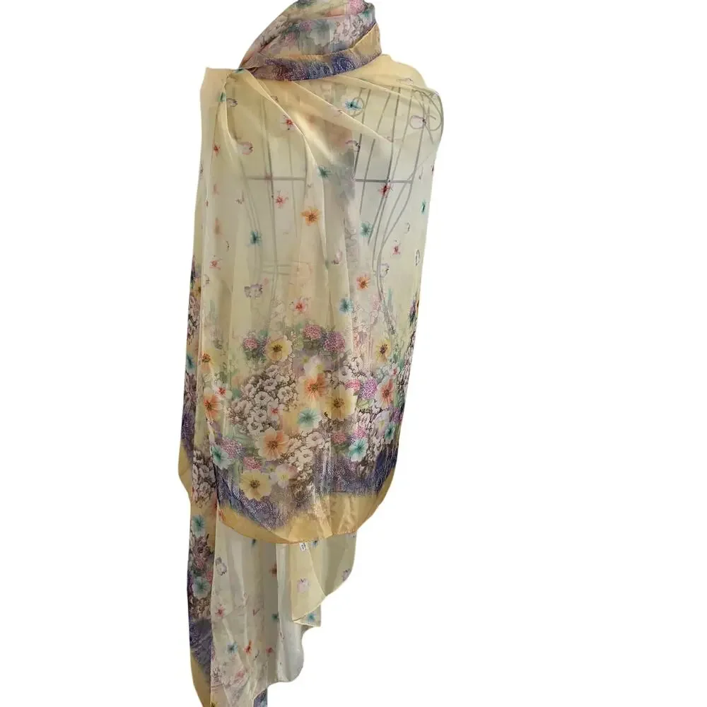 Impressionist Floral  !00% Silk Large Scarf Wrap Shawl Yellow Cottage  56 x 54